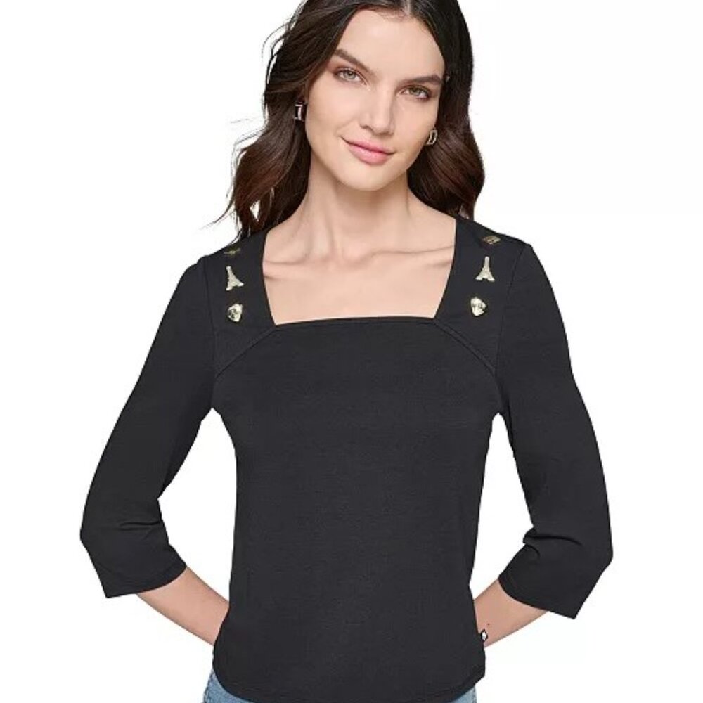NWT Karl Lagerfeld Paris Themed Women's Black Ribbed Top 3/4-sleeve Size M